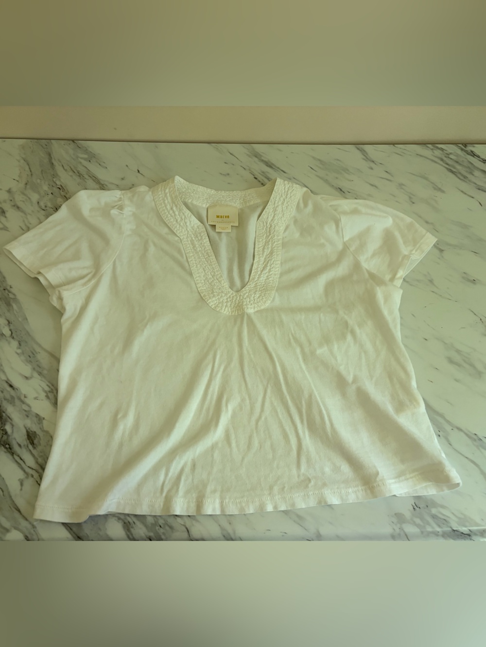 Anthropologie White Short Sleeve Tee with Textured V-Neck